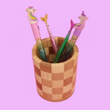 Wooden Check Desk Pen Pencil Holder