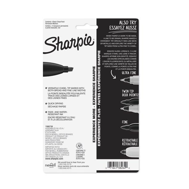 Sharpie Permanent Markers, Chisel Tip, Black, 4 Count